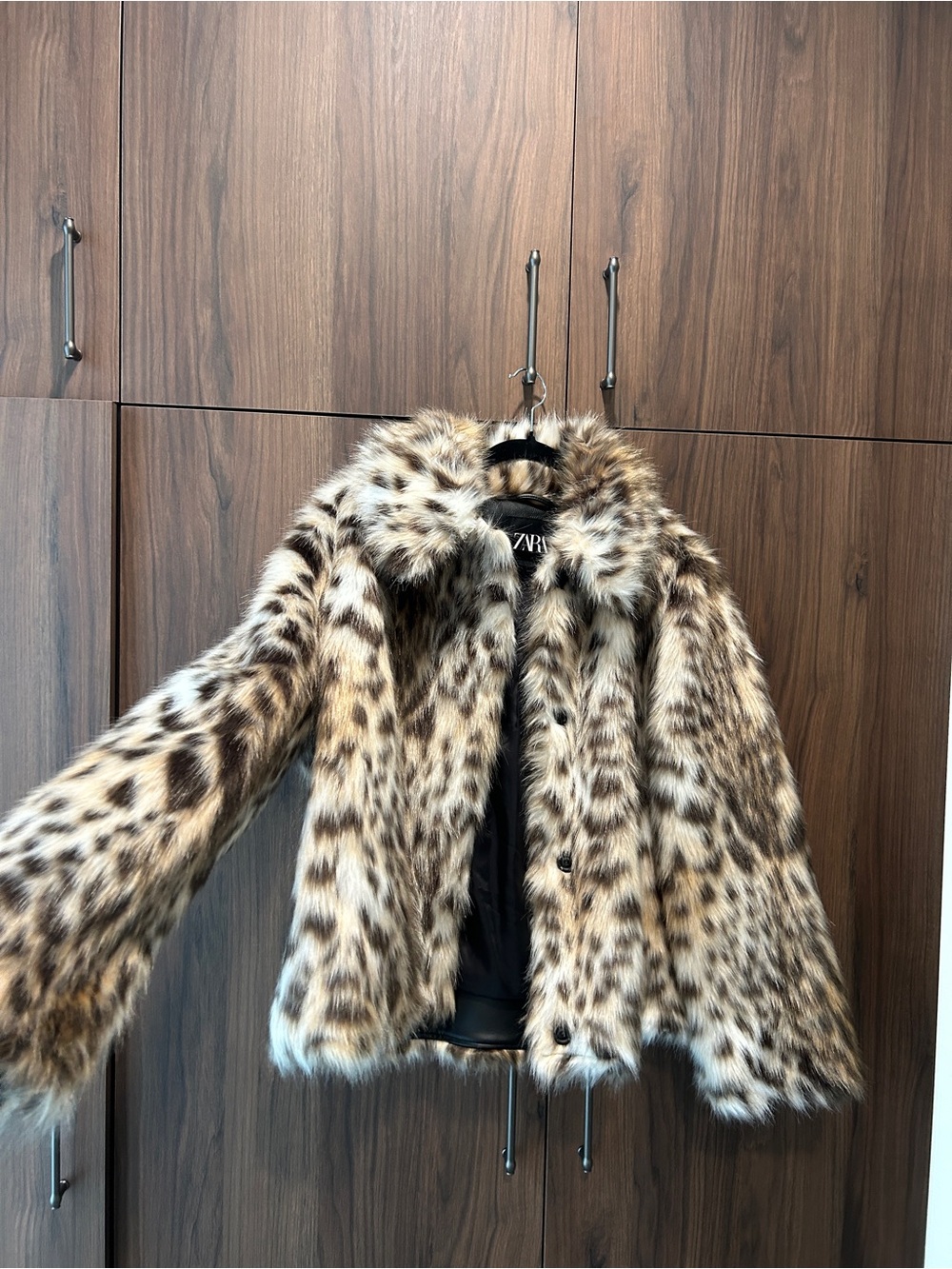 ZARA Leopard-Print Faux Fur Teddy Jacket in Brown and Cream